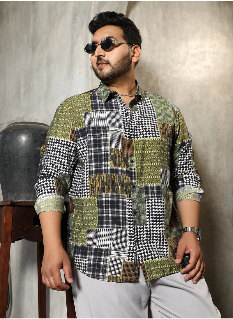 انستافاب بلس Instafab Plus Men's Olive Green Houndstooth Block Shirt For Casual Wear | Spread Collar | Long Cuffed Sleeves | Button Closure | Plus Size Shirt Crafted With Comfort Fit For Everyday Wear