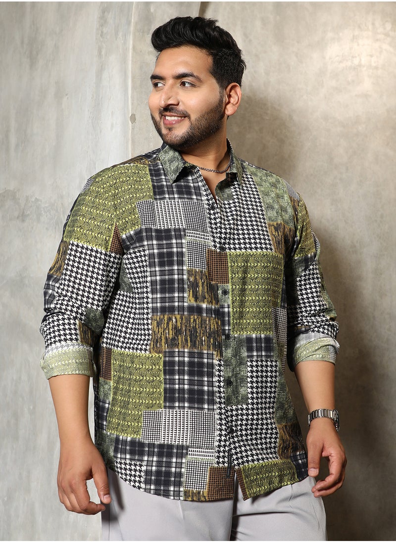 Instafab Plus Instafab Plus Men's Olive Green Houndstooth Block Shirt For Casual Wear | Spread Collar | Long Cuffed Sleeves | Button Closure | Plus Size Shirt Crafted With Comfort Fit For Everyday Wear  - Image 3