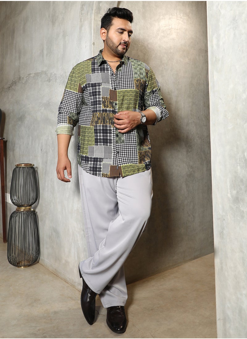 Instafab Plus Instafab Plus Men's Olive Green Houndstooth Block Shirt For Casual Wear | Spread Collar | Long Cuffed Sleeves | Button Closure | Plus Size Shirt Crafted With Comfort Fit For Everyday Wear  - Image 5
