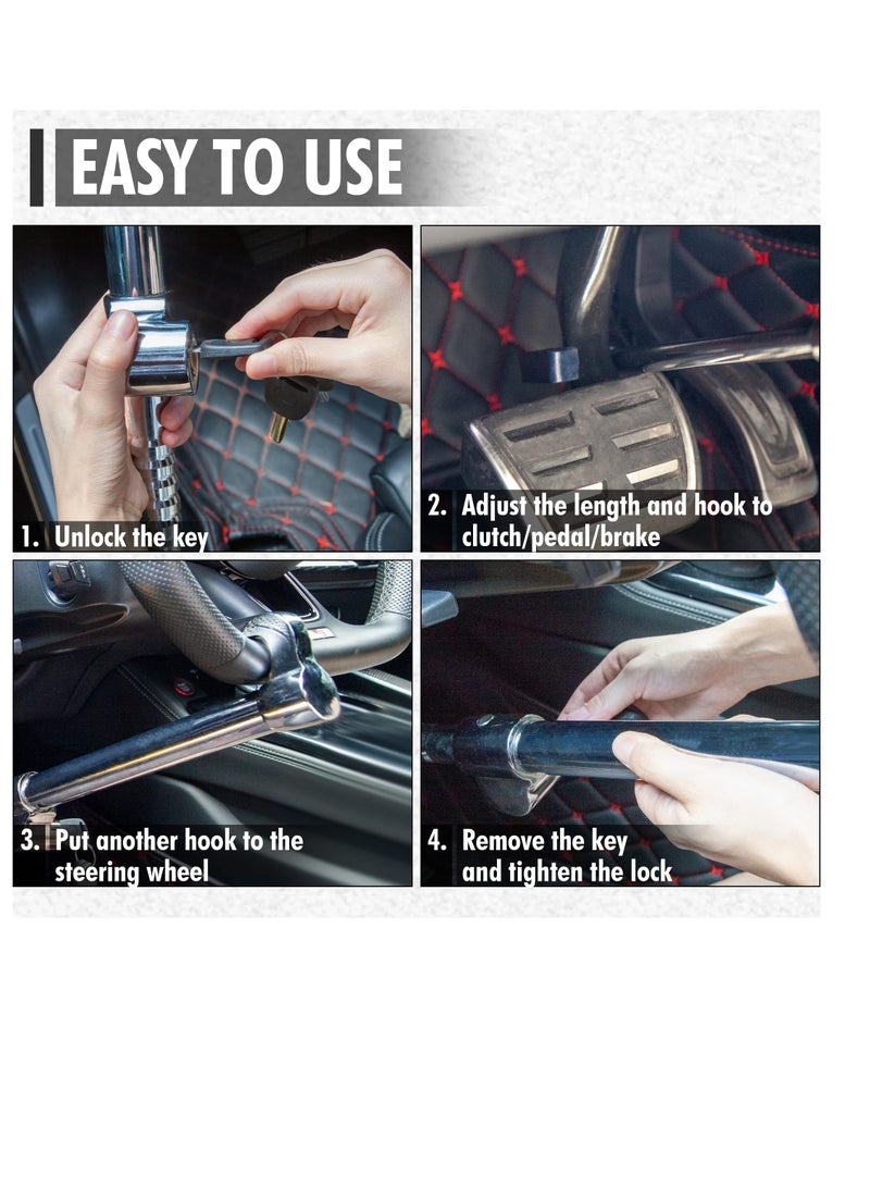 Heavy-Duty Steering Wheel Lock Bar - Adjustable Length Anti-Theft Brake Pedal Lock with 2 Keys, Silver Finish for Enhanced Vehicle Security - Image 4