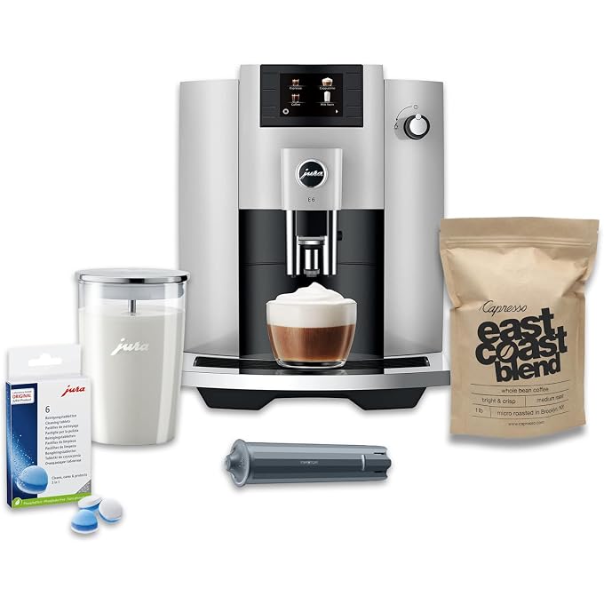 jura E6 Automatic Espresso Machine (Platinum, 5 Items) | Includes Smart Filter Cartridge, Cleaning Tablets, Coffee Beans, And Glass Milk Container - Image 1