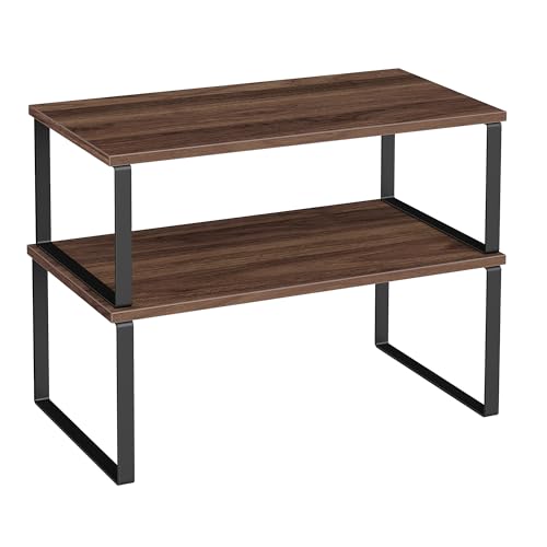 SONGMICS Cabinet Organizer Shelf Set of 2 Kitchen Counter Shelves Kitchen Storage Spice Rack Stackable Expandable Metal and Engineered Wood 156 Inches Natural Walnut and Matte Black - Image 1