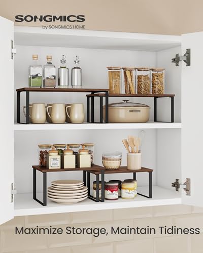 SONGMICS Cabinet Organizer Shelf Set of 2 Kitchen Counter Shelves Kitchen Storage Spice Rack Stackable Expandable Metal and Engineered Wood 156 Inches Natural Walnut and Matte Black - Image 3