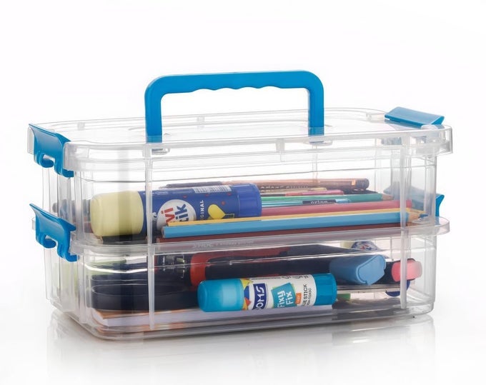 2 LAYER PLASTIC STORAGE CONTAINERS WITH LIDS MULTIPURPOSE CLEAR STACK CARRY BOX PORTABLE CRAFT ORGANIZERS AND STORAGE BIN FOR ORGANIZING ARTS CRAFTS SEWING STATIONERY BOX PACK OF 2