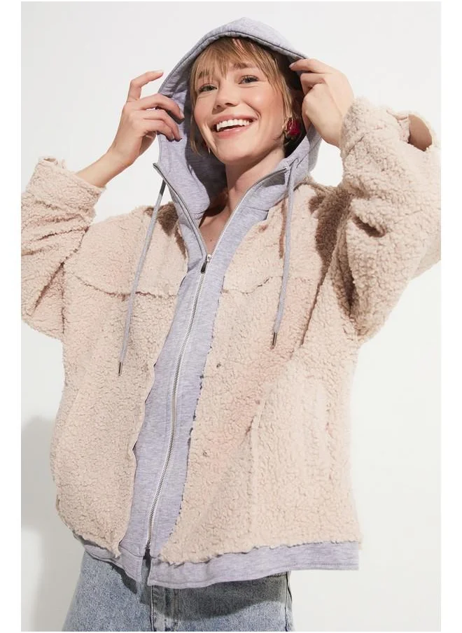 JUNE June Plush Detailed Jacket Beige
