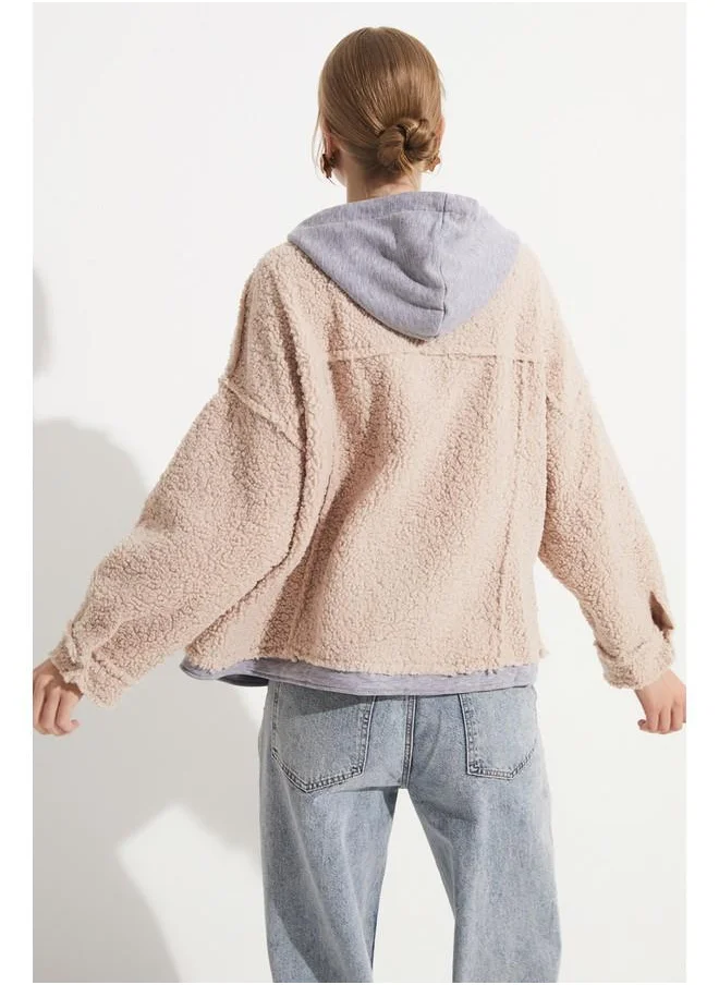 JUNE June Plush Detailed Jacket Beige