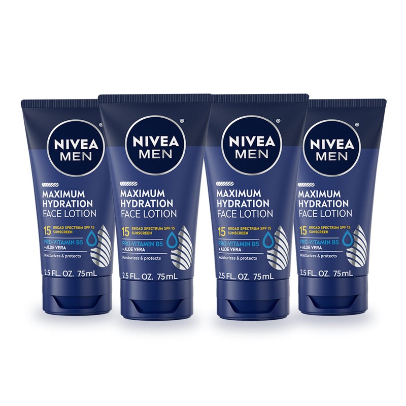 NIVEA MEN Maximum Hydration Face Lotion, Face Lotion with Broad Spectrum SPF 15 Sunscreen for Men, 4 Pack of 2.5 Fl Oz Tubes - Image 1