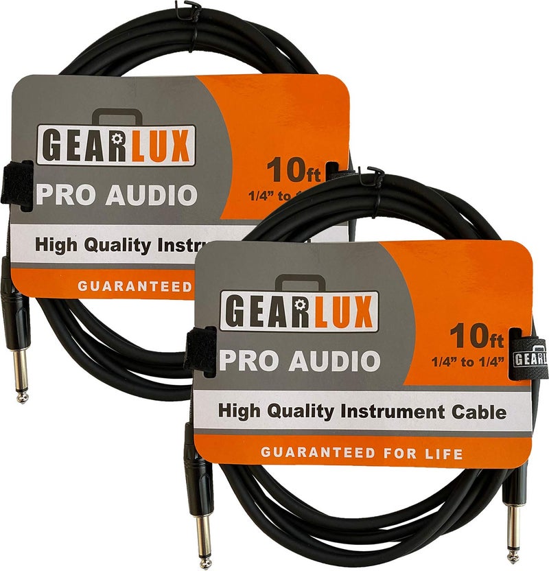 Gearlux Instrument Cable/Guitar Cable, 1/4 Inch, Straight to Straight, Black, 10 Feet - 2 Pack - Image 1