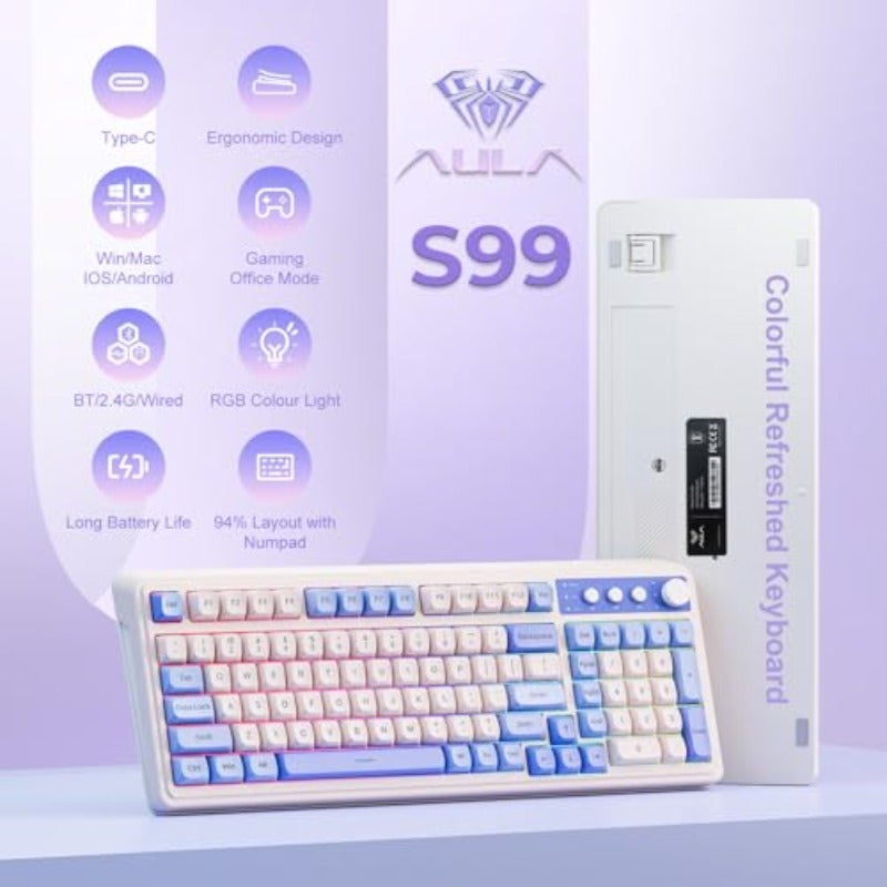 AULA 99 Key Keyboard Tri-Mode Bluetooth 2.4GHz USB-C Cute Creamy Gaming Keyboard with Number Pad RGB Backlit Media Knob Custom Mechanical Feel Computer Keyboards for MAC Xbox PC Gamer - Purple - Image 2