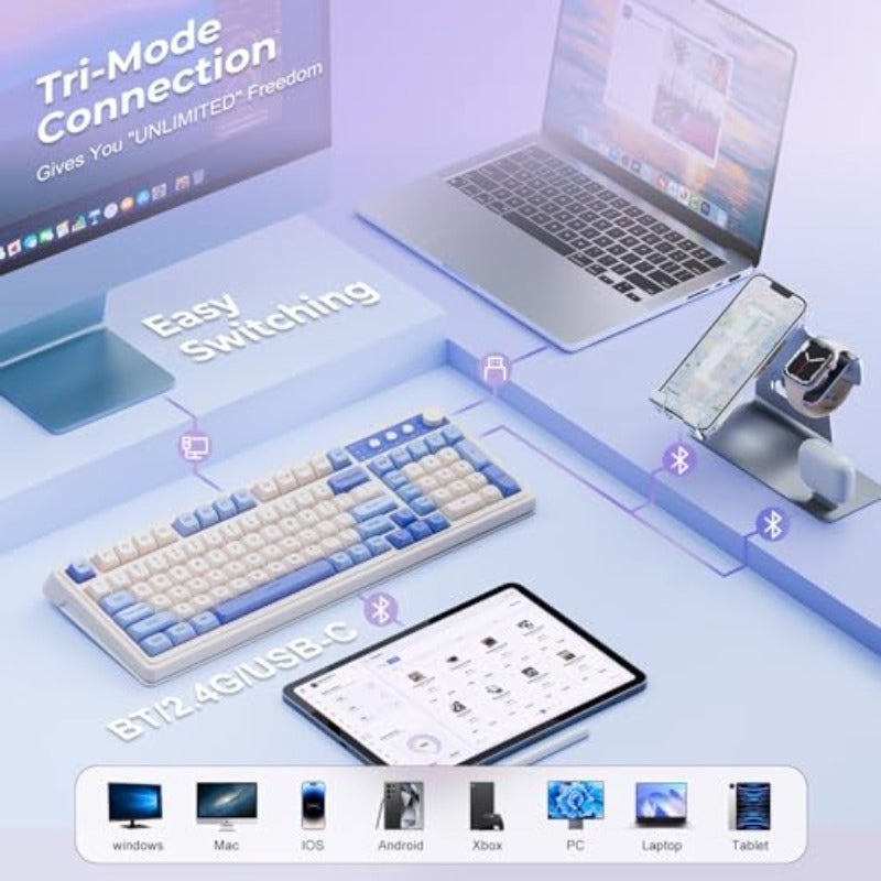 AULA 99 Key Keyboard Tri-Mode Bluetooth 2.4GHz USB-C Cute Creamy Gaming Keyboard with Number Pad RGB Backlit Media Knob Custom Mechanical Feel Computer Keyboards for MAC Xbox PC Gamer - Purple - Image 3
