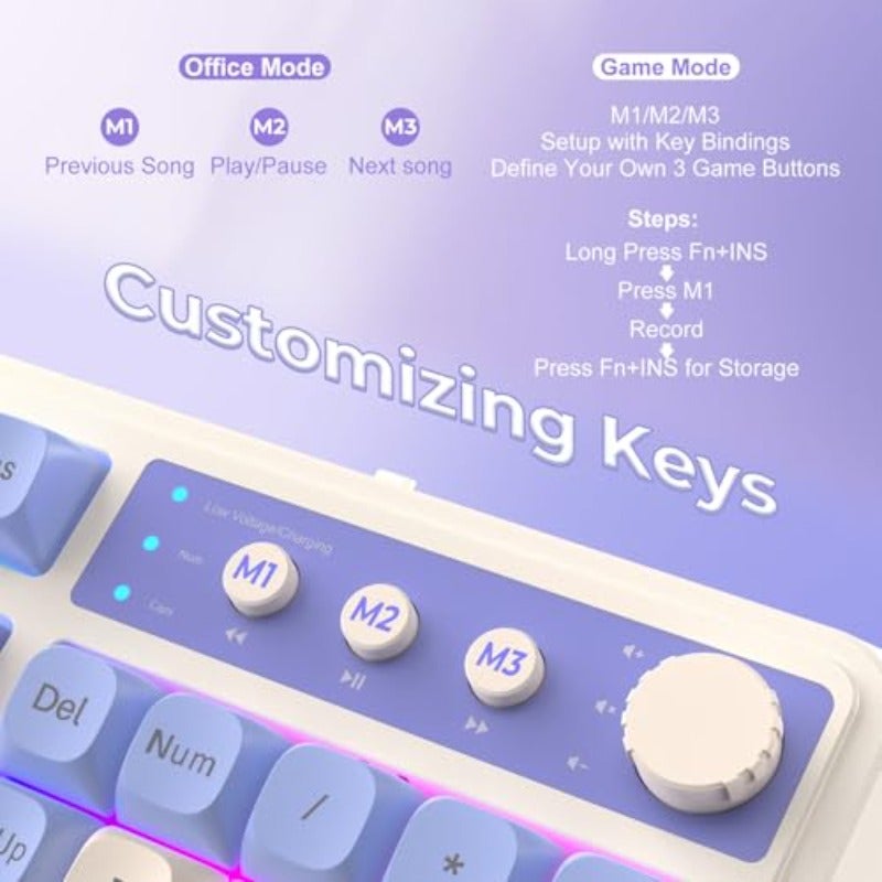 AULA 99 Key Keyboard Tri-Mode Bluetooth 2.4GHz USB-C Cute Creamy Gaming Keyboard with Number Pad RGB Backlit Media Knob Custom Mechanical Feel Computer Keyboards for MAC Xbox PC Gamer - Purple - Image 4
