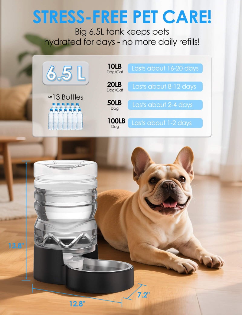Heouvo 1.7 Gallon Automatic Dog Water Dispenserã€Wide Mouth for Easy Hand-in Cleaningã€‘ã€Removable Stainless Steel Bowlã€‘, Gravity Refilling Large Capacity for Cats and Dogs, Multi-Pet Homes - Image 2