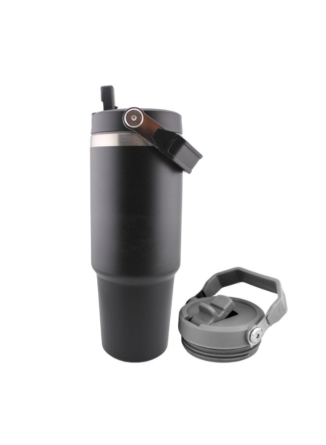 CRAVISTA Insulated Travel Cup with Handle, Stainless Steel Double Wall Vacuum Tumbler with Straw & Lids Reusable Water Bottle Trave for Water Iced Tea Coffee (Black, 900ML) - Image 1