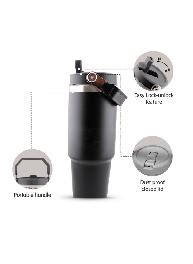 CRAVISTA Insulated Travel Cup with Handle, Stainless Steel Double Wall Vacuum Tumbler with Straw & Lids Reusable Water Bottle Trave for Water Iced Tea Coffee (Black, 900ML) - Image 3
