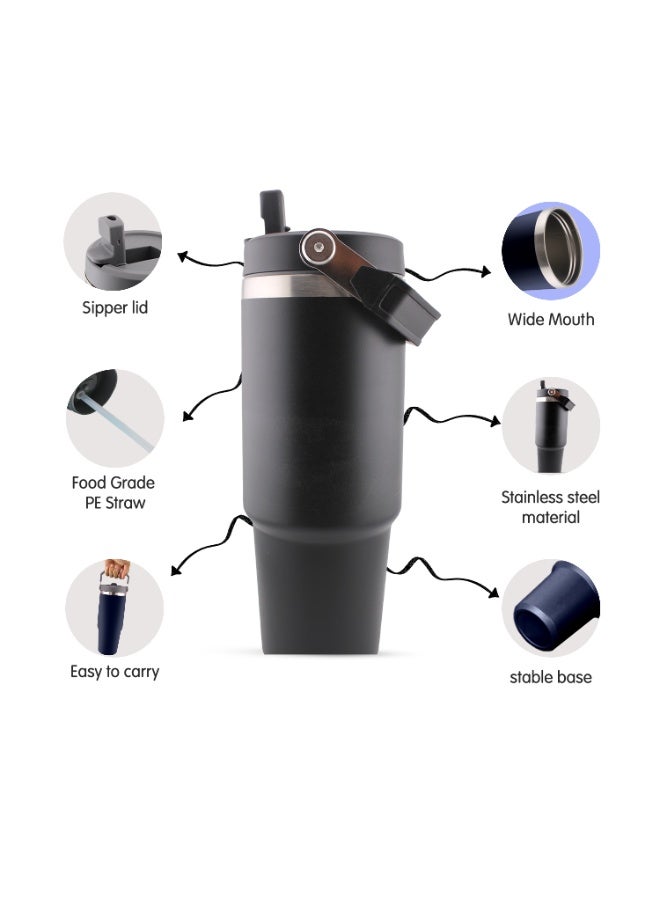 CRAVISTA Insulated Travel Cup with Handle, Stainless Steel Double Wall Vacuum Tumbler with Straw & Lids Reusable Water Bottle Trave for Water Iced Tea Coffee (Black, 900ML) - Image 2