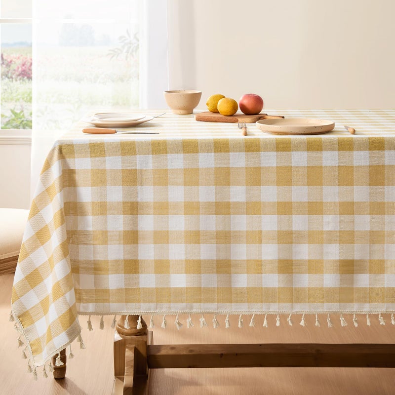 Softalker Checkered Tablecloth Square, Outdoor Linen Cotton Gingham Table Cloth with Tassel, Heavy Duty Wrinkle Free Buffalo Plaid Table Cover for Kitchen Dining Home Party - 55 x 55 Inch, Yellow - Image 1