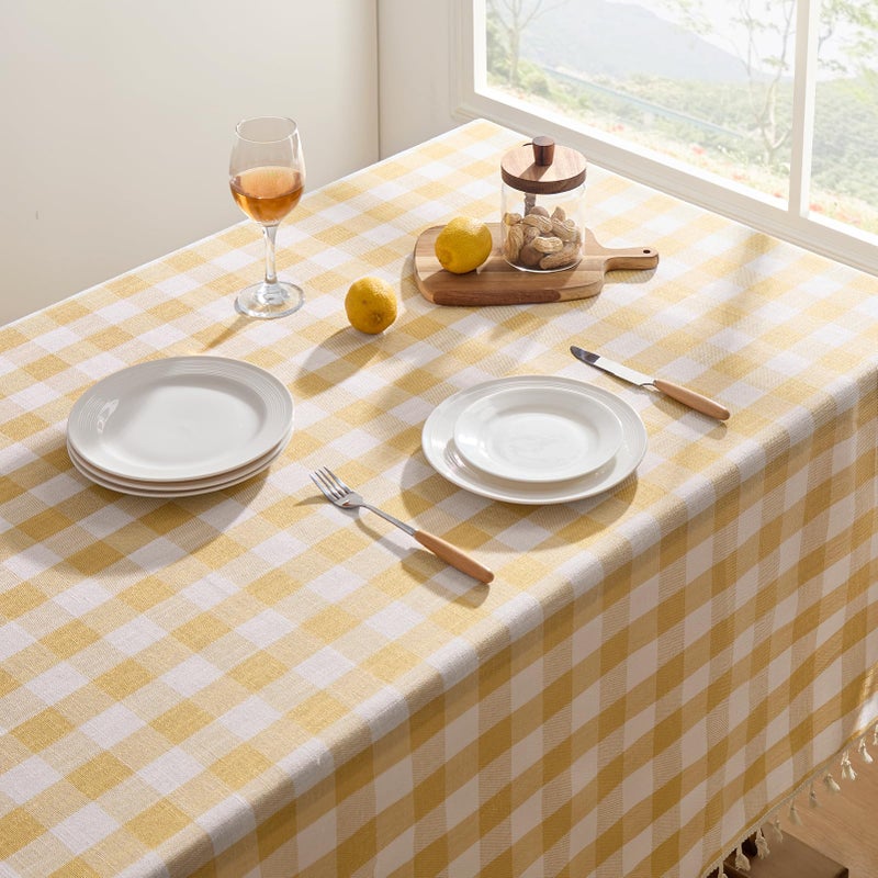 Softalker Checkered Tablecloth Square, Outdoor Linen Cotton Gingham Table Cloth with Tassel, Heavy Duty Wrinkle Free Buffalo Plaid Table Cover for Kitchen Dining Home Party - 55 x 55 Inch, Yellow - Image 2