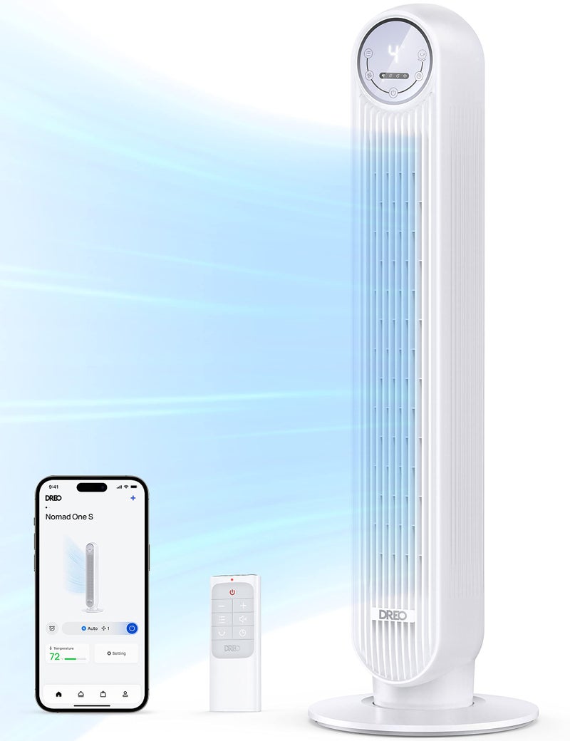 Dreo Tower Fan for Bedroom, 25ft/s Smart Standing Fans, 90Â° Oscillating Floor Fan with 4 Modes, 4 Speeds, 8H Timer, 28dB, Bladeless, Remote, 28 dB, Works with WiFi Voice Control - Image 1
