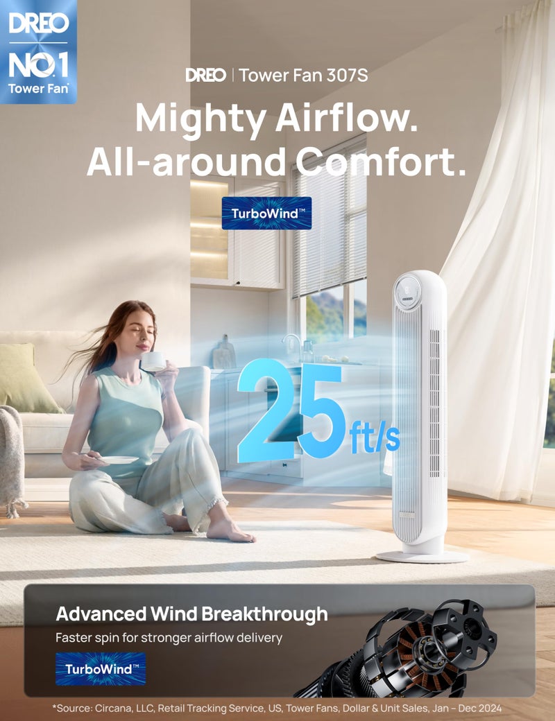 Dreo Tower Fan for Bedroom, 25ft/s Smart Standing Fans, 90Â° Oscillating Floor Fan with 4 Modes, 4 Speeds, 8H Timer, 28dB, Bladeless, Remote, 28 dB, Works with WiFi Voice Control - Image 2