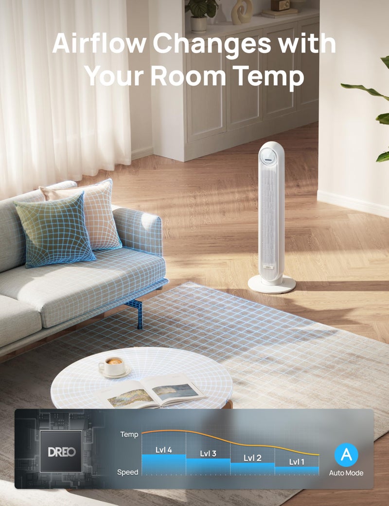 Dreo Tower Fan for Bedroom, 25ft/s Smart Standing Fans, 90Â° Oscillating Floor Fan with 4 Modes, 4 Speeds, 8H Timer, 28dB, Bladeless, Remote, 28 dB, Works with WiFi Voice Control - Image 4