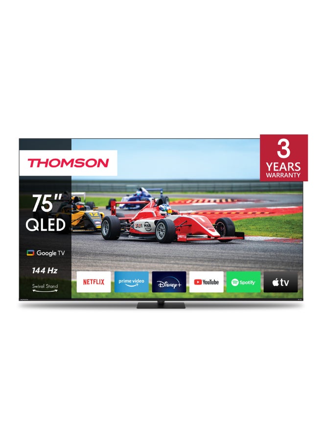 Thomson تلفاز Thomson 75 بوصة QLED Pro Google TV بتصميم قاعدة مركزية - موديل 2025 بمعدل تحديث 144 هرتز، 4K UHD، Dolby Vision و Atmos، تحكم صوتي ذكي، مساعد صوتي من Google، شاشة بدون إطار، تلفاز فاخر - Image 1