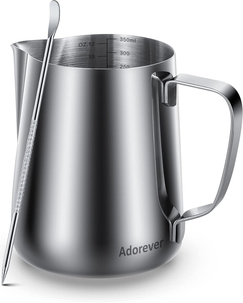 Adorever Milk Frothing Pitcher 350ml/600ml/900ml/1500ml (12oz/20oz/32oz/50oz) Steaming Pitchers Stainless Steel Milk/Coffee/Cappuccino/Latte Art Barista Steam Pitchers Milk Jug Cup with Art Pen,12oz Precision processed material - Image 1