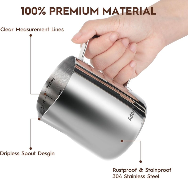 Adorever Milk Frothing Pitcher 350ml/600ml/900ml/1500ml (12oz/20oz/32oz/50oz) Steaming Pitchers Stainless Steel Milk/Coffee/Cappuccino/Latte Art Barista Steam Pitchers Milk Jug Cup with Art Pen,12oz Precision processed material - Image 3