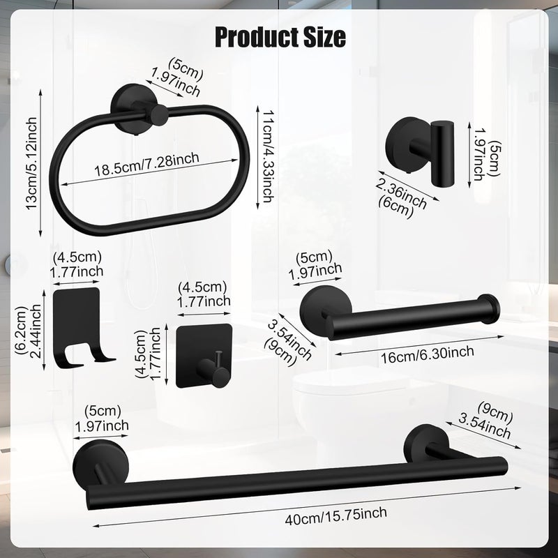 SAGREENY 7 PCS Bathroom Hardware Set, Matte Black Stainless Steel Bathroom Tower Rack Set Wall Mounted Includes 16" Towel Bar, Toilet Towel Paper Holder, Towel Ring, 4 Robe Towel Hooks - Image 3