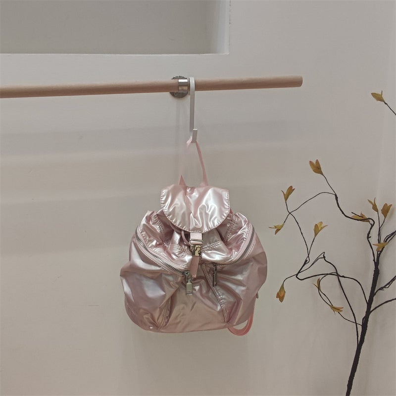 New Style Flip Cover INS Drawstring Vintage Bright Face Elegant Simple Versatile Casual Korean Version Niche Double Shoulder Bac Pink 