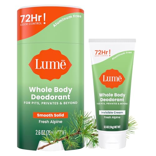 Lume Whole Body Deodorant - Invisible Cream Tube Mini and Solid Stick - 72 Hour Odor Control - Aluminum Free, Baking Soda Free, Skin Safe - 0.5 Oz Mini Tube + 2.6 Oz Solid Stick (Fresh Alpine) - Image 1