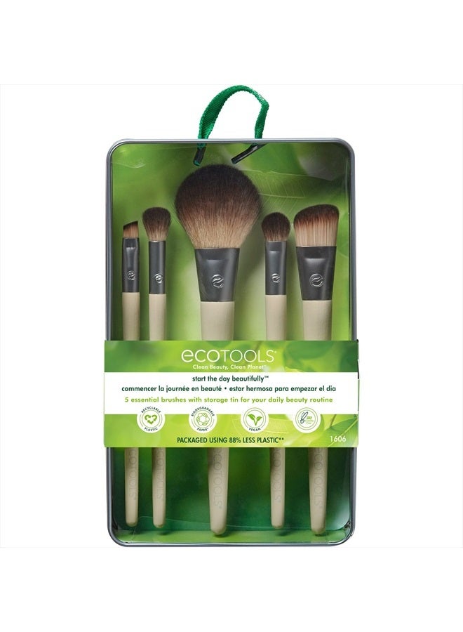 Ecotools Start The Day Beautifully Makeup Brush Kit, For Eyeshadow, Foundation, Blush, & Concealer, With Storage Tray, Travel Friendly Makeup Brush Staples, Eco Friendly, Cruelty Free, 6 Piece Set - Image 2