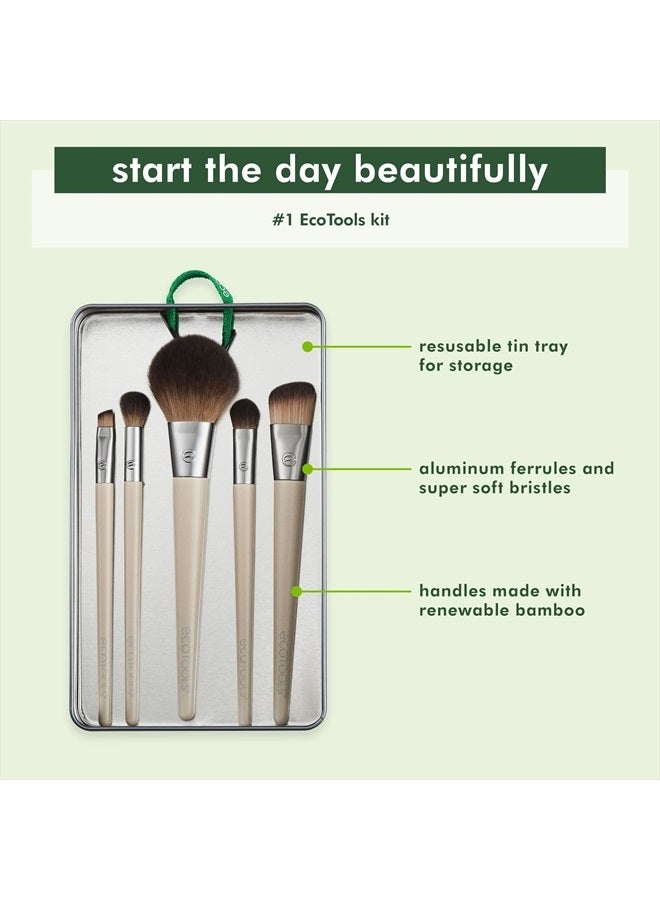 Ecotools Start The Day Beautifully Makeup Brush Kit, For Eyeshadow, Foundation, Blush, & Concealer, With Storage Tray, Travel Friendly Makeup Brush Staples, Eco Friendly, Cruelty Free, 6 Piece Set - Image 3