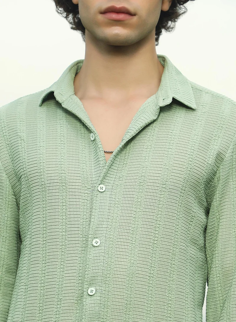 Campus Sutra Men's Pastel Green Wicker-Tactile Shirt