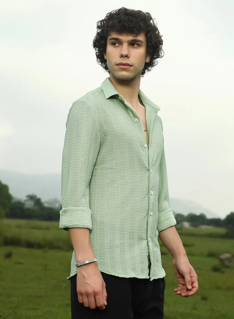 Campus Sutra Men's Pastel Green Wicker-Tactile Shirt