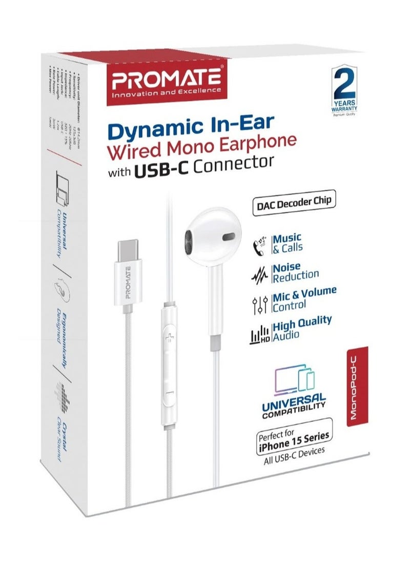 Earbuds With USB-C Connector, Ergonomic In-ear USB-C HD Mono Earphone With Mic, Noise Isolation, Call Function, And In-Line Volume Control For iPhone 15, iPad Air, Galaxy S23/22/21, Monopod-C