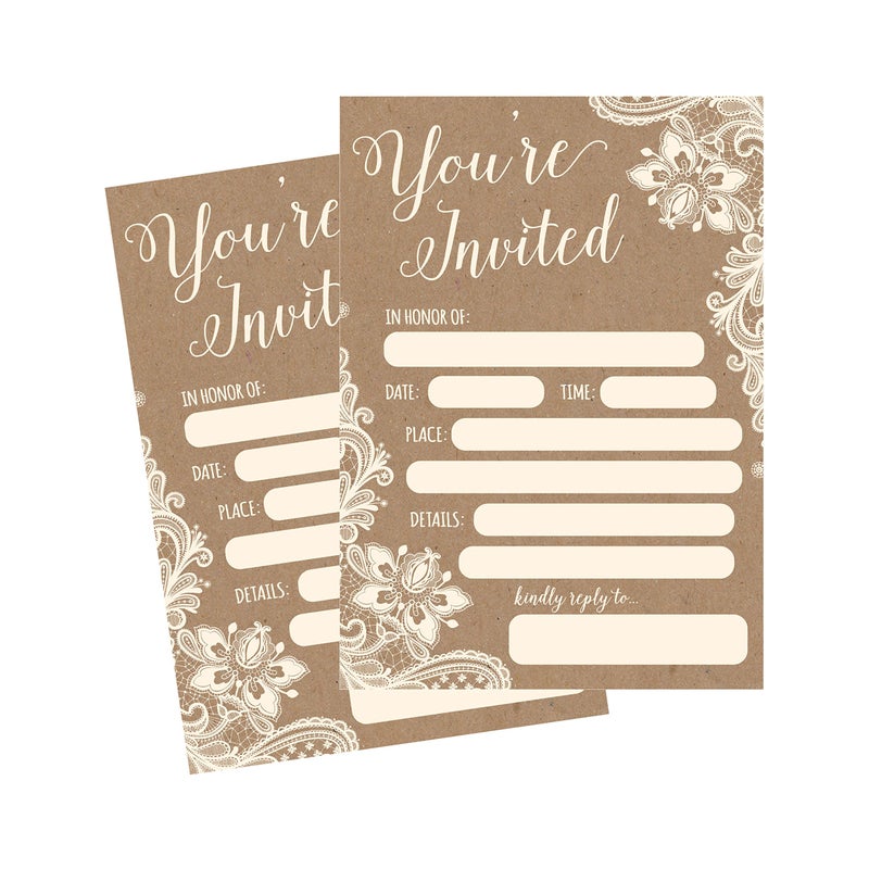 Hadley Designs 50 Fill in Invitations, Burlap and Lace, Kraft, Wedding, Bridal Shower Invitations, Rehearsal Dinner, Invites, Baby Shower Invite, Bachelorette Party Invites, Engagement, Graduation - Image 1