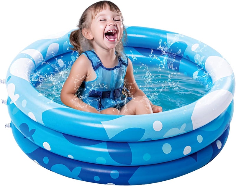 Sloosh Inflatable Kiddie Pool Blue with Geometric Pattern Swimming Pool 3-Rings for Kids Indoor & Outdoor 34 Inches - Image 1