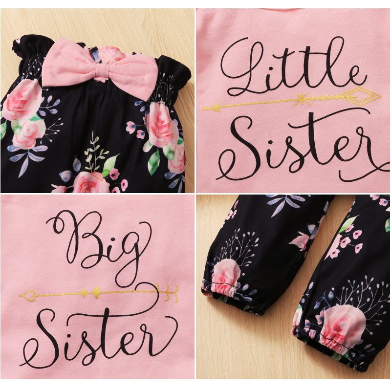AMAWMW Sister Matching Outfits Pink Ruffle Long Sleeve Shirt Flowers Pants with Headband 3Pcs Clothes Set(Pink-Big Sister, 4-5 Years) - Image 5