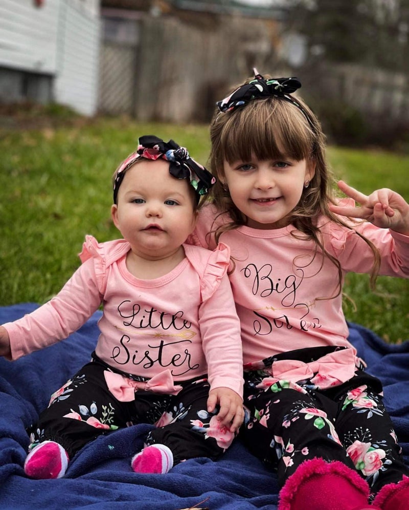 AMAWMW Sister Matching Outfits Pink Ruffle Long Sleeve Shirt Flowers Pants with Headband 3Pcs Clothes Set(Pink-Big Sister, 4-5 Years) - Image 3