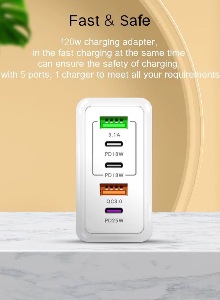 general 120W Multifunctional 5-Port Type-C Charger – Wall USB C PD Charger with Quick Charge 3.0, Charging Station Compatible with iPhone, Pixel, Samsung, Huawei, iPad, Tablets, and More (3PD + 2 USB Ports) - Image 3