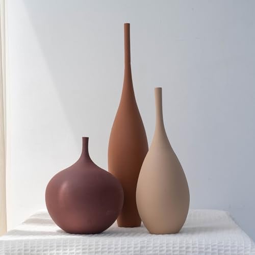 Relexome Ceramic Modern Vase Set of 3 Farmhouse Decorative Vase Minimalist Aesthetic Vases for Centerpieces Matte Ribbed Vases for Home Decor Table Entryway Living Room (Brown+Khaki+ Dark Red) - Image 1