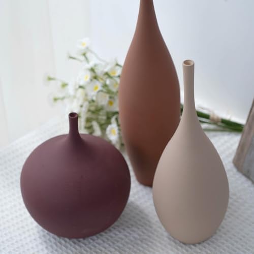 Relexome Ceramic Modern Vase Set of 3 Farmhouse Decorative Vase Minimalist Aesthetic Vases for Centerpieces Matte Ribbed Vases for Home Decor Table Entryway Living Room (Brown+Khaki+ Dark Red) - Image 5