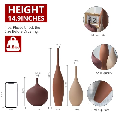 Relexome Ceramic Modern Vase Set of 3 Farmhouse Decorative Vase Minimalist Aesthetic Vases for Centerpieces Matte Ribbed Vases for Home Decor Table Entryway Living Room (Brown+Khaki+ Dark Red) - Image 2