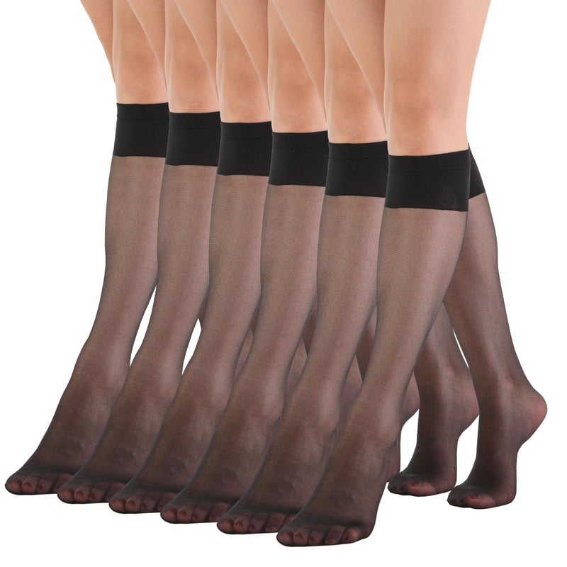 EVERSWE 6 Pairs Women's Sheer Knee High Stockings 15D (Black,One Size) - Image 1