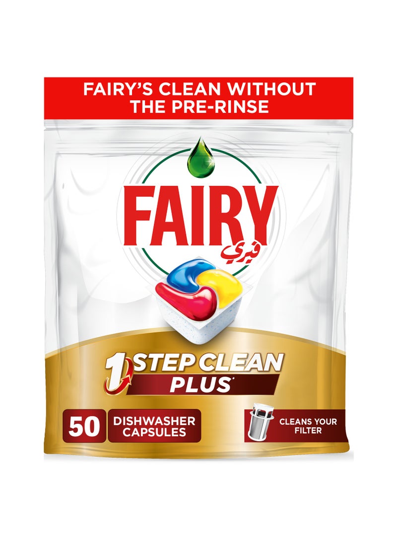 Fairy 1 Step Clean Plus Automatic Dishwasher Tablets Lemon Scent 50 Capsules  - Image 1