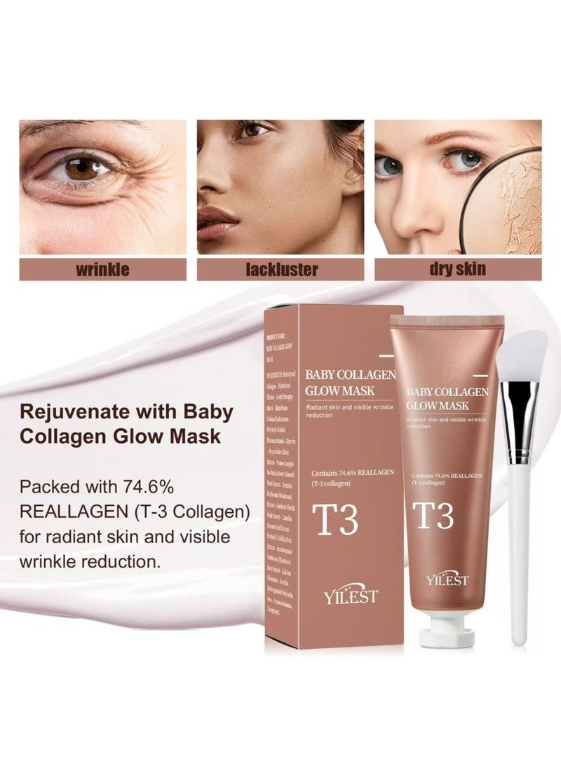 T3 - T3 Collagen Mask, Baby Collagen Glow Mask, Collagen Peel Off Mask, Hydrating Mask for Anti-Wrinkle, Anti-Aging, Pore Tightening, Firming Lifting Glowy Skin - Image 1