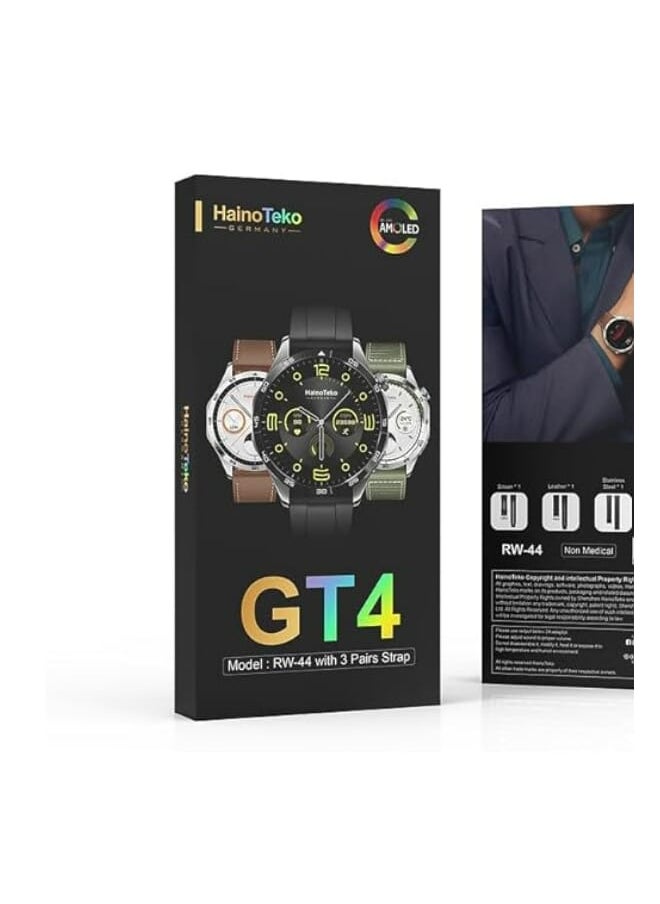 Haino Teko - Haino Teko GT4 RW44 Round Screen AMOLED Display Smart Watch With 3 Pair Straps and Wireless Charger - Image 1