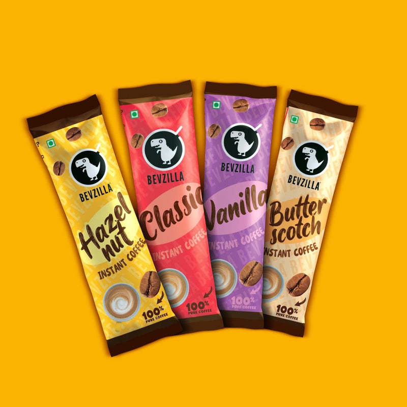 Bevzilla بيفزيلا 24 كيس قهوة ومخفق (24 × 2 جرام كيس) | 6 أكياس لكل نكهة | مجموعة قهوة كافيه | بندق، كولومبي جولد، فانيليا وبتيرسكتش | 100% حبوب أرابيكا | استمتع بالساخن والبارد - Image 3