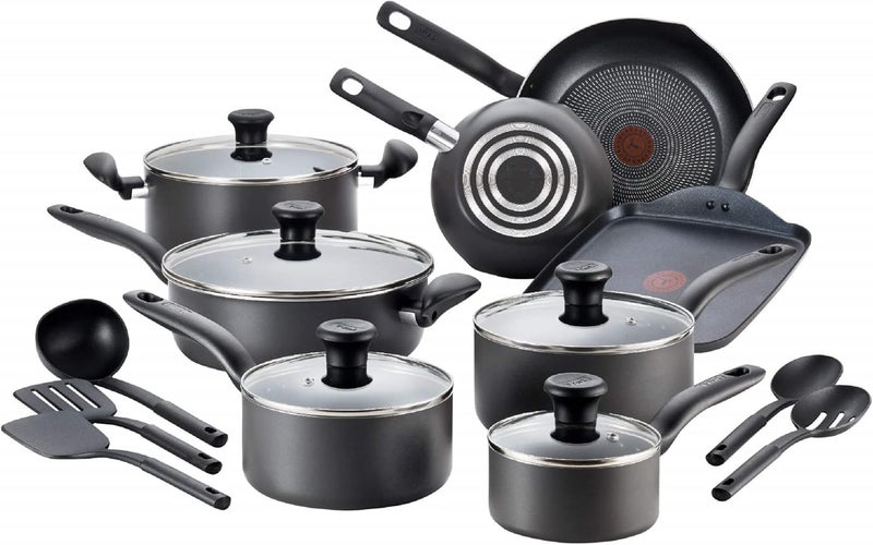 T-fal Tefal Initiatives Nonstick Cookware Set 18 Piece, Oven Broiler Safe 350F, Kitchen Cooking Set w/Fry Pans, Saucepans, Stockpots, Skillet, Spoons, Lids Pots and Pans Set Non Stick Dishwasher Safe Black - Image 1