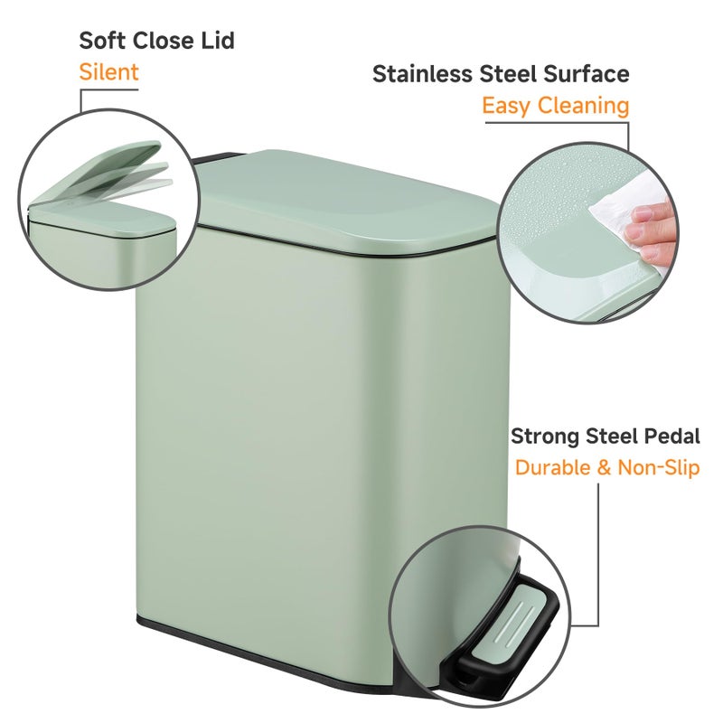 TIPGO Slim Bathroom Trash Can with Lid Soft Close, 6 Liter / 1.6 Gallon Stainless Steel Garbage Can with Removable Inner Bucket, Step Pedal, Small Trash Cans for Bedroom, Office, Kitchen (Green) - Image 4